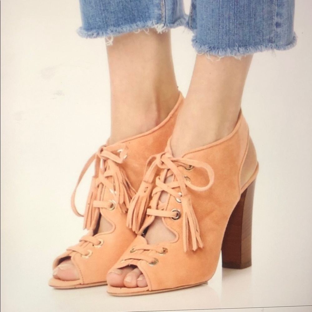 Club Monaco Mireva Suede Lace-up Open Toe Block Heel Sandals Tan Sz. 40